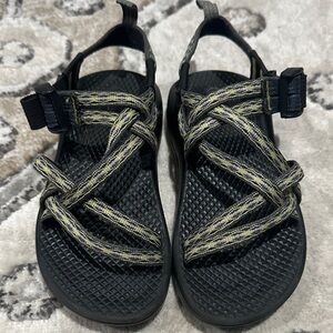 Size 13 Chaco Kids Black Sandals with Gray-Yellow/Green Straps